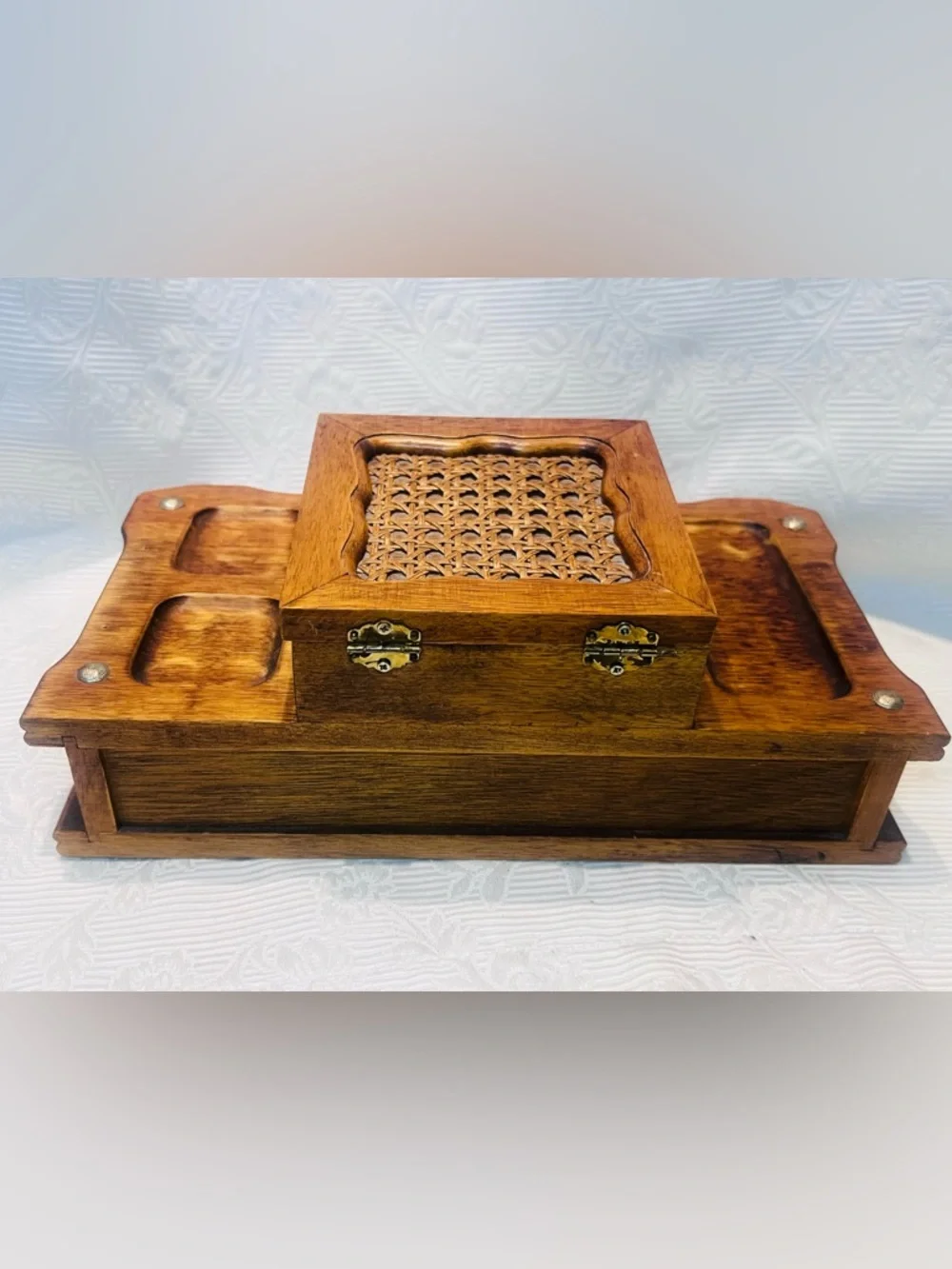 Vtg Wood Jewelry Chest Box Dresser Top Trinket Wicker Retro Multiple Compartment